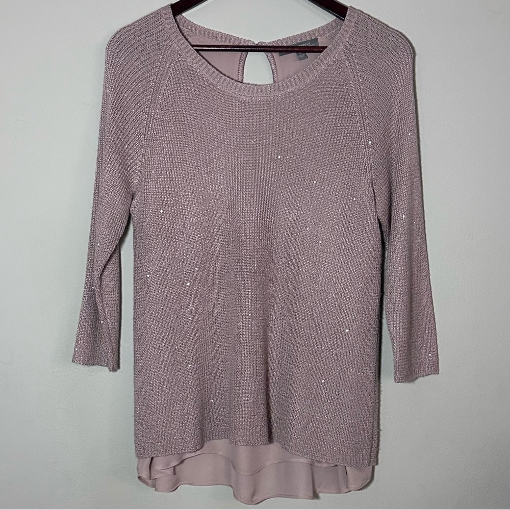 Neiman Marcus | Cashmere Blend Sequin Knit Sweater w/ Silk Layered Hem | Large
